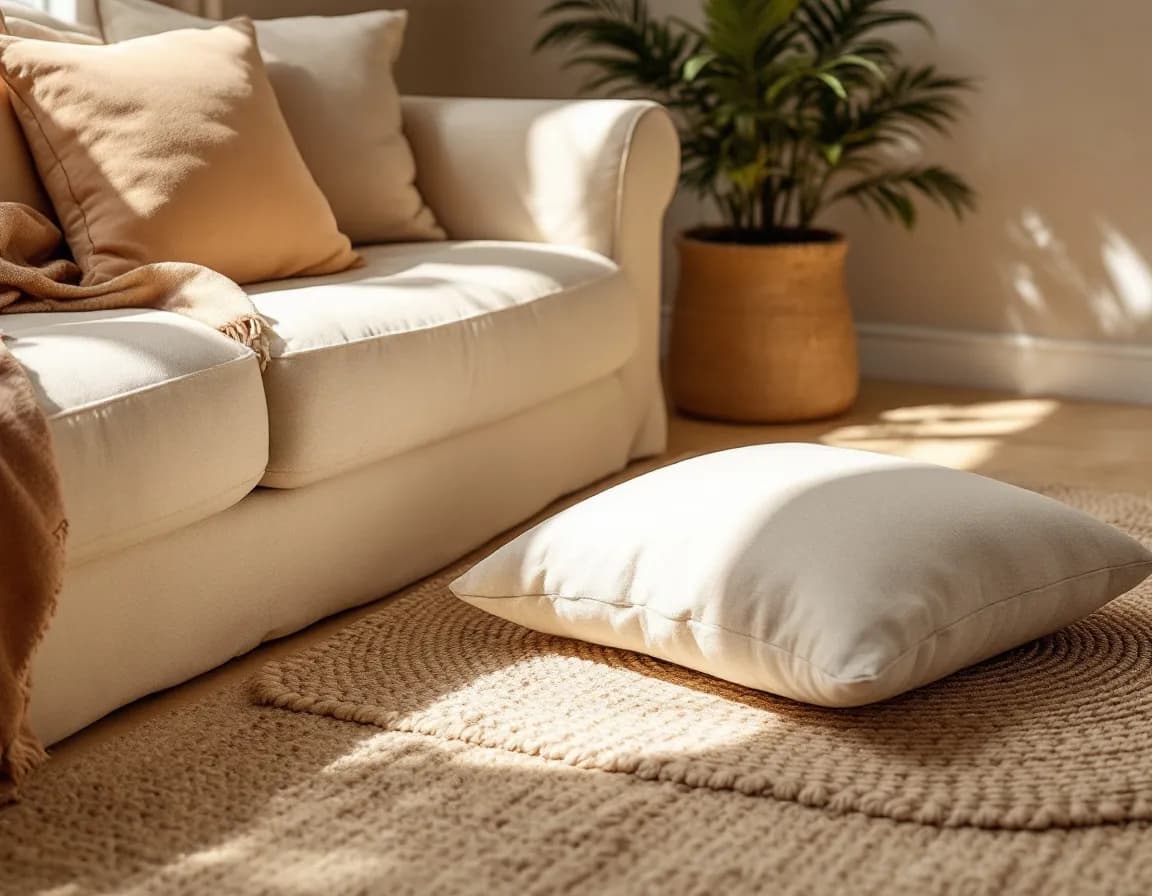 A cushion set down on a rug beside the end of a linen sofa